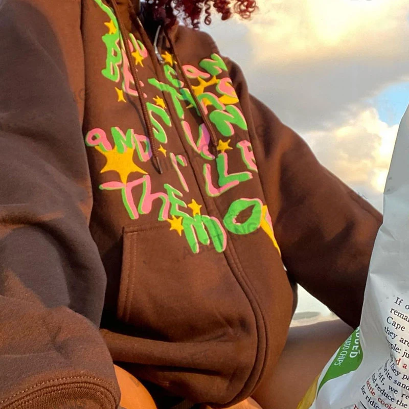 

Sweat capuche manches longues pour fille, Vintage, brun, graffiti, fermeture graphique, streetwear des