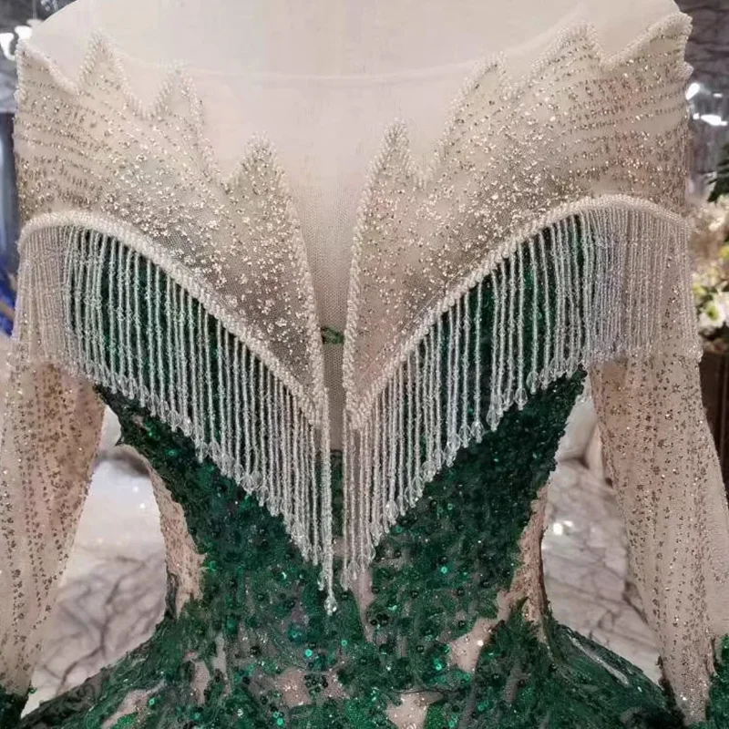 LS11252 ball gown evening dresses with green appliques special o-neck long sleeves dubai prom curve shape ladies | Свадьбы и