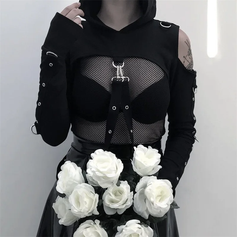 

Emo Clothes Black Alt Cothes Aesthetic Women Tops Gothic Hooded Long Sleeve Off Shoulder Hollow Out Pastel Goth Tee Shirt Femme