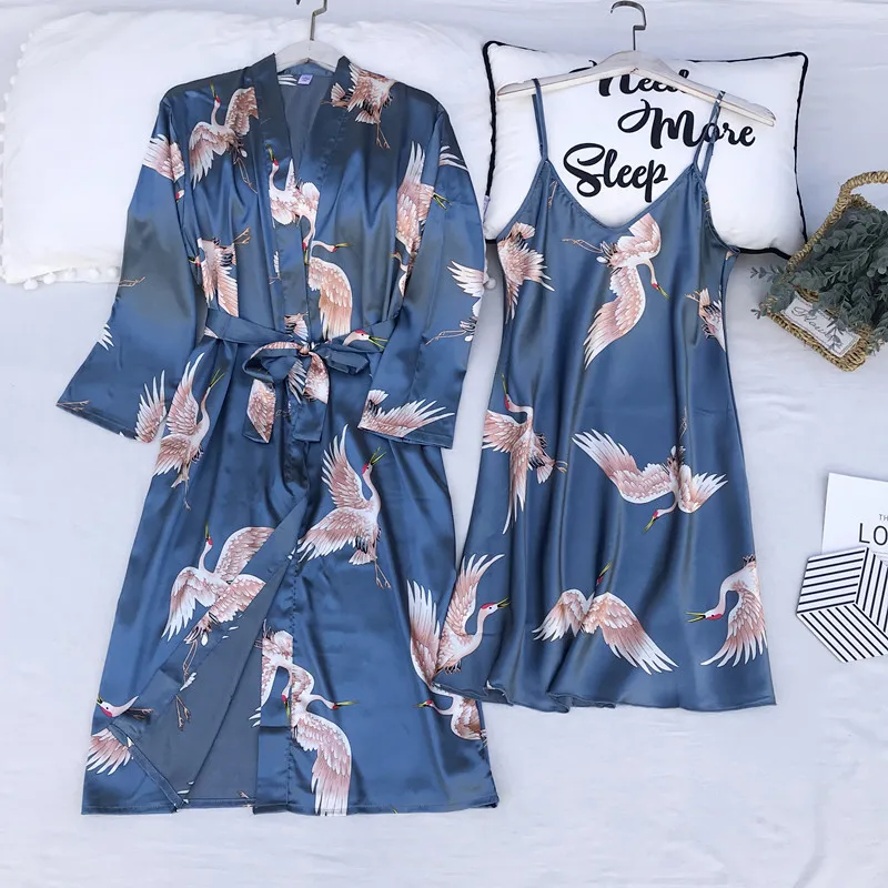 

Satin Lovers Kimono Bathrobe Gown Print Cranes Women 2pcs Robe Set Sleepwear Summer Men Robe Nightgown