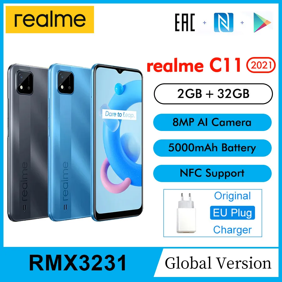 Глобальная версия realme C11 2021 RMX3231 экран 6 5 дюйма HD + Diaplay NFC 2 ГБ 32 1600*720 ии камера 20:9 8 Мп