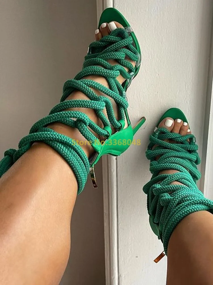 

Leather Rope Sandals Cross Strap Open Toe Rome Summer Women Shoes Stiletto High Heel Ankle Strap Solid Gladiator Sandal