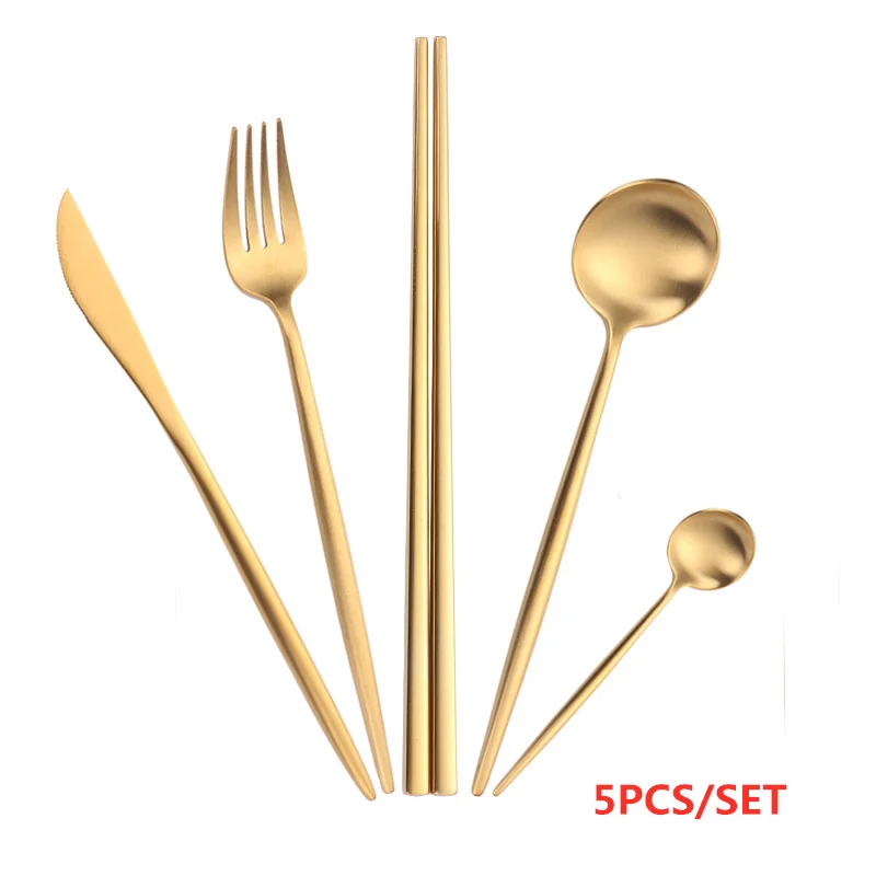 

Fork Spoon Knife Chopsticks Set Gold Cutlery Set 5pcs Matte Forks Knives Spoons Set 18/10 Stainless Steel Dinner Dinnerware Set