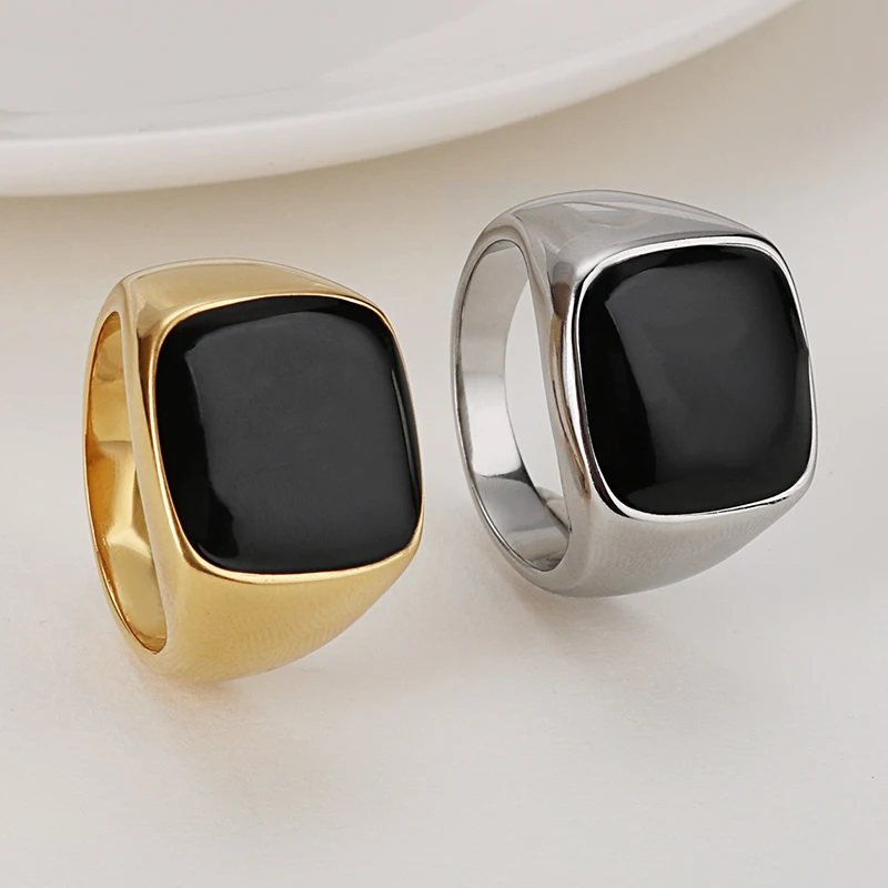 Кольцо мужское из нержавеющей стали с черным квадратным камнем | Украшения и