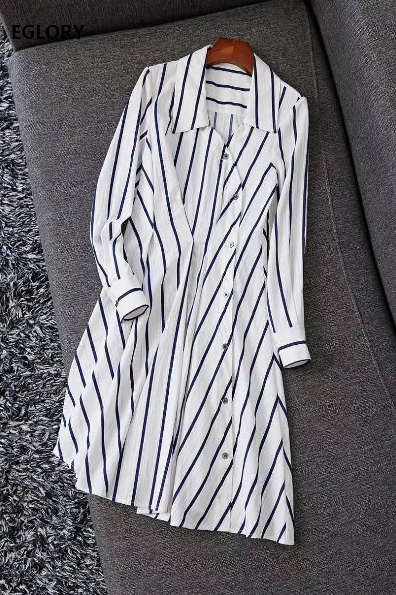 

2020 Autumn Fashion Striped Dress High Quality Women Turn-down Collar Button Front Long Sleeve Casual Long Shirt Dress Cotton