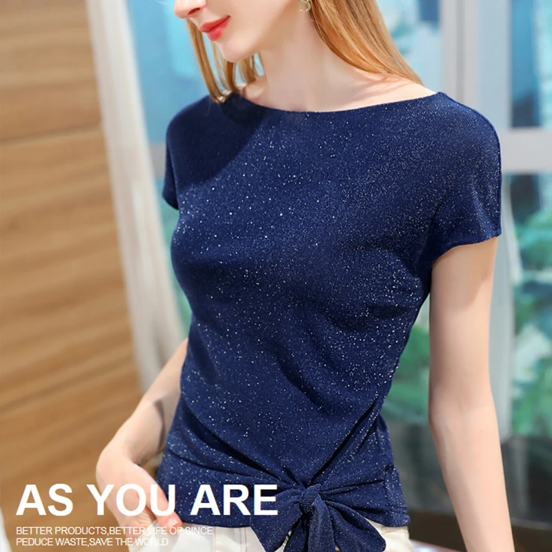 

Black Short-sleeved Women's Summer One-neck New Bright Silk Net Yarn Bottoming Shirt Lace-up top Fashion Elegant Bow T-shirt
