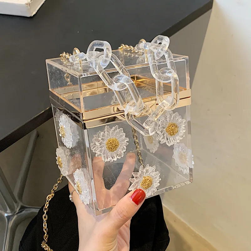 

Прозрачные мини-сумки из ПВХ с маргариткой и цветком, акриловая женская дизайнерская коробка, клатч вечерние, маленький прозрачный вечерни...