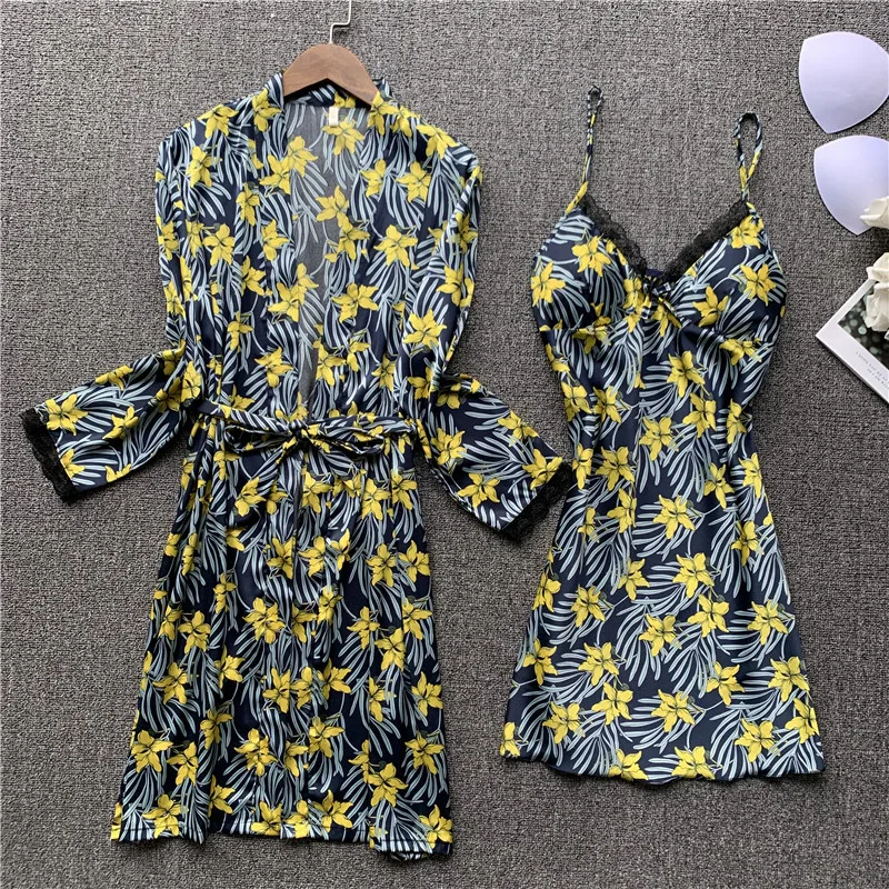 Women Satin Sexy Pajamas Sets Ladies Nightgown Print Two-pieces Silk Sleepwear Robe+Nightdress Lounge Pijama | Женская одежда