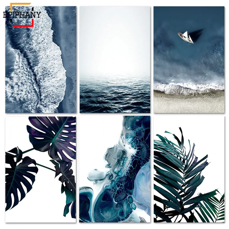 

Tropical Decoration Picture Scandinavian Ocean Landscape Green Leaves Print Scenery Wall Art Canvas Painting Modern Room Decor