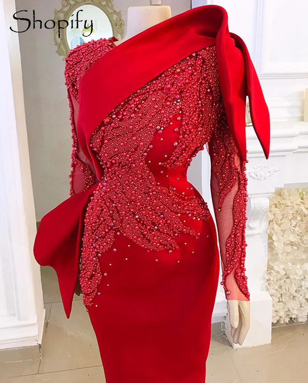 

Luxury Straight Long Red Evening Dress 2020 Sheer Long Sleeve Pearls African Women Dubai Formal Party Gowns