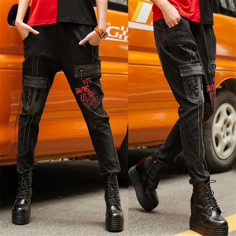 Джинсы женские эластичные с большими карманами уличная одежда в стиле панк брюки
