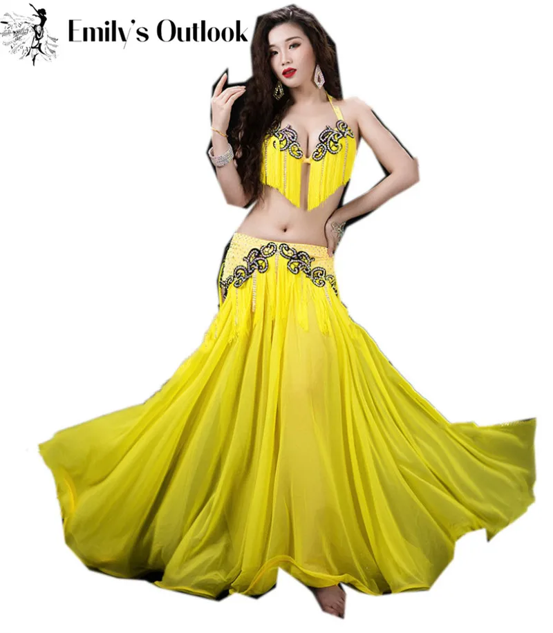 Женский костюм для танца живота желтый из 2 предметов роскошный с бюстгальтером