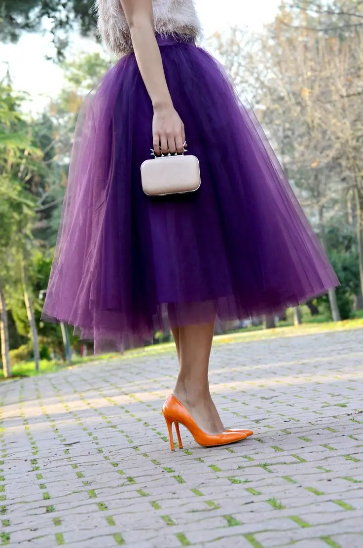 

Fashion Regency Purple Tulle Skirts For Women Midi Length High Waist Puffy Formal Party Skirts Tutu Adult Skirts