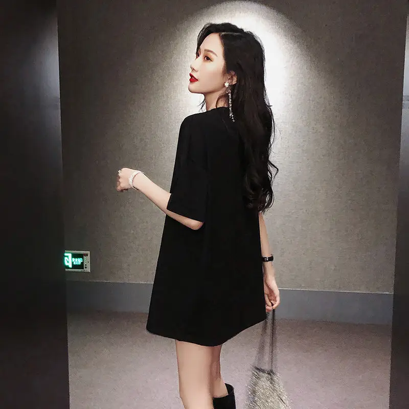 

2021 summer new Korean loose medium length black T-shirt short sleeve cotton crew neck