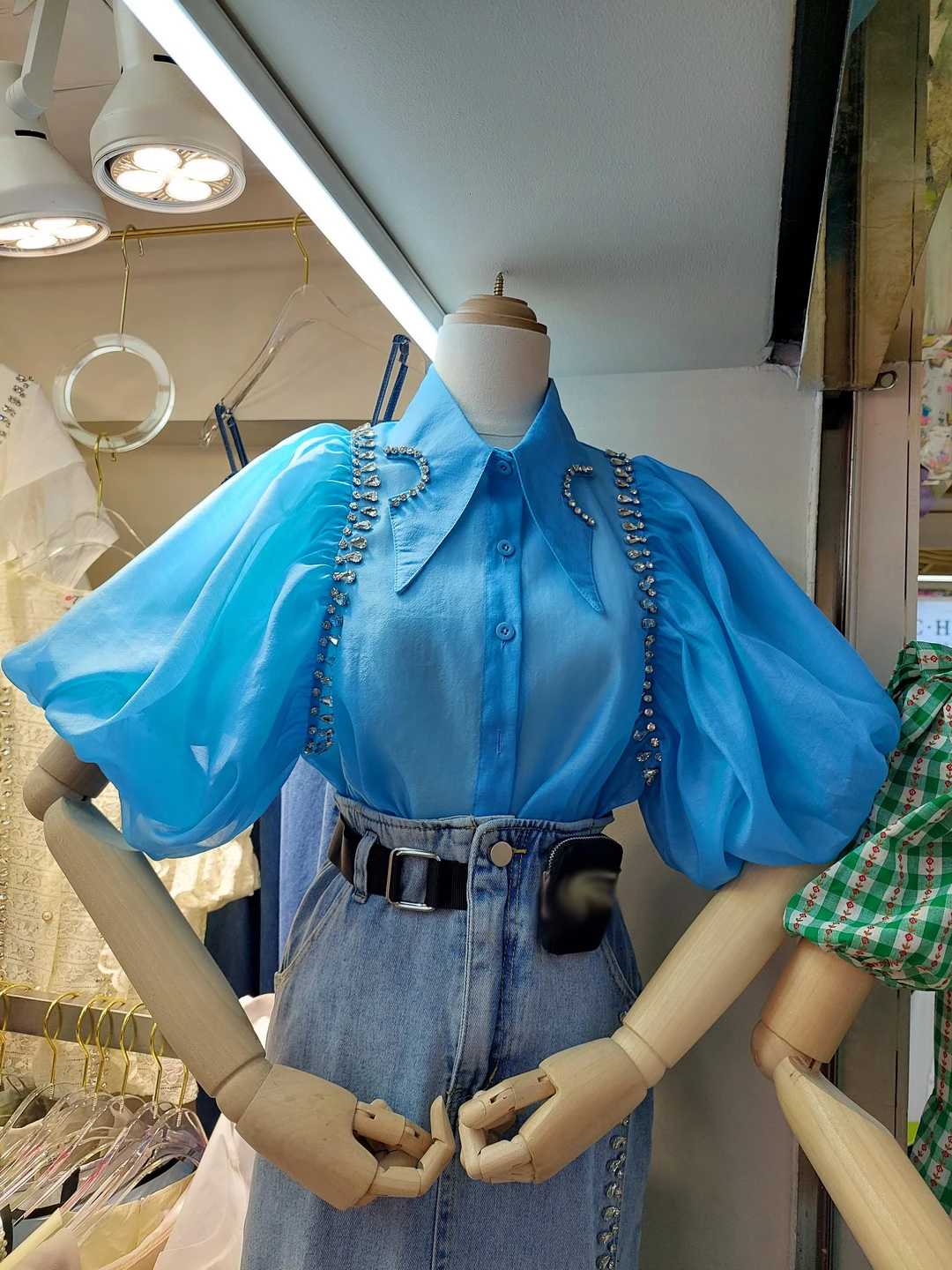 

2021 Summer New Sweet Polo Collar Puff Sleeve Loose Top for Female Diamond Single-Breasted Chiffon Thin Shirt Women's