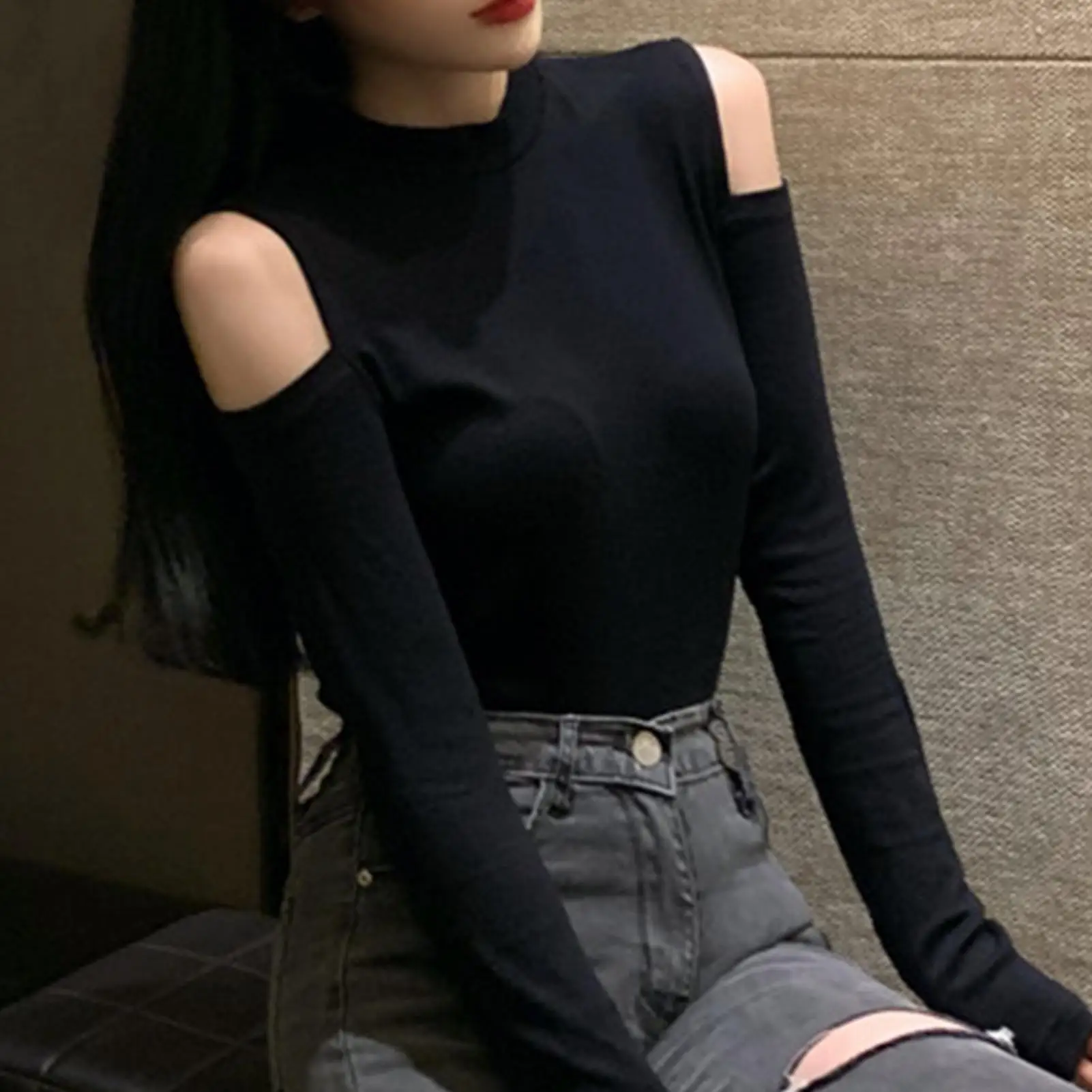 

New Fashion Women T-Shirt Casual Women Solid Color turtleneck Long Sleeve Shoulder Holes Tshirt Autumn Tops