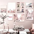 Настенная картина розовый город, улица, здание автомобиля, цветок, настенная Картина на холсте, скандинавские плакаты и принты, настенные картины для гостиной, домашний декор
