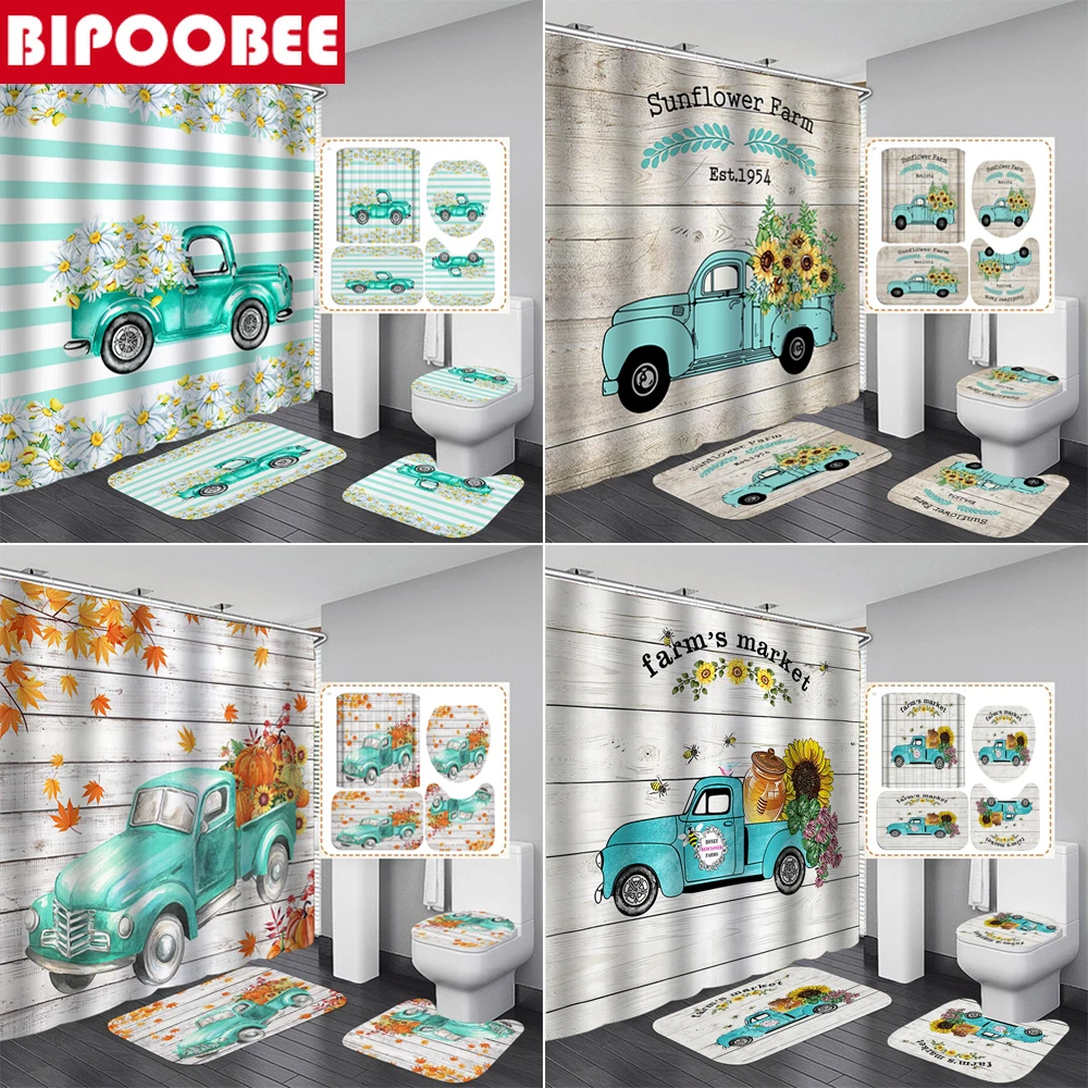 

Осенняя занавеска для душа с подсолнухами, декор для ванной, синяя крышка для туалета грузовика, противоскользящий ковер, напольные коврики...