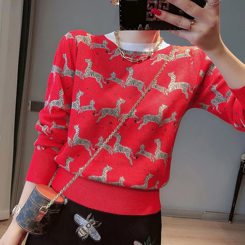

Red Sweater Women Contrast Color Animal Embroidery Knit Pullover 2021 Autumn Women Round Neck Long Sleeve Loose Pullover Sweater