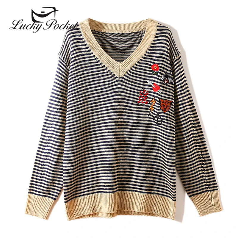 

20202 Women Spring Autumn New Fashion Loose V-Neck Pullovers Ladies Letter Embroidery Striped Casual Sleeve Knitted Top QL172