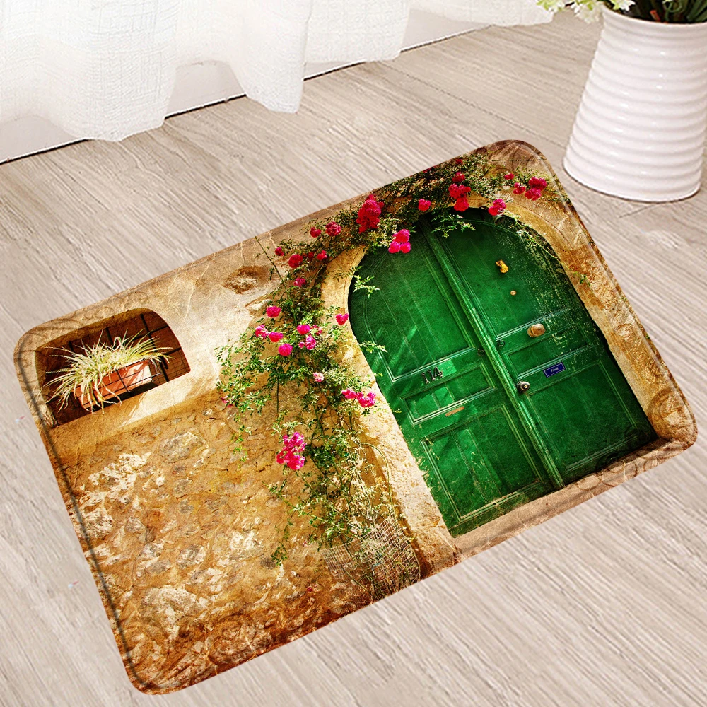 

Nordic Retro Small Town Bath Mat Flower Non-Slip Mats Bathroom Rug Floor Shower Enclosure Toilet Kitchen Living Absorbent Carpet