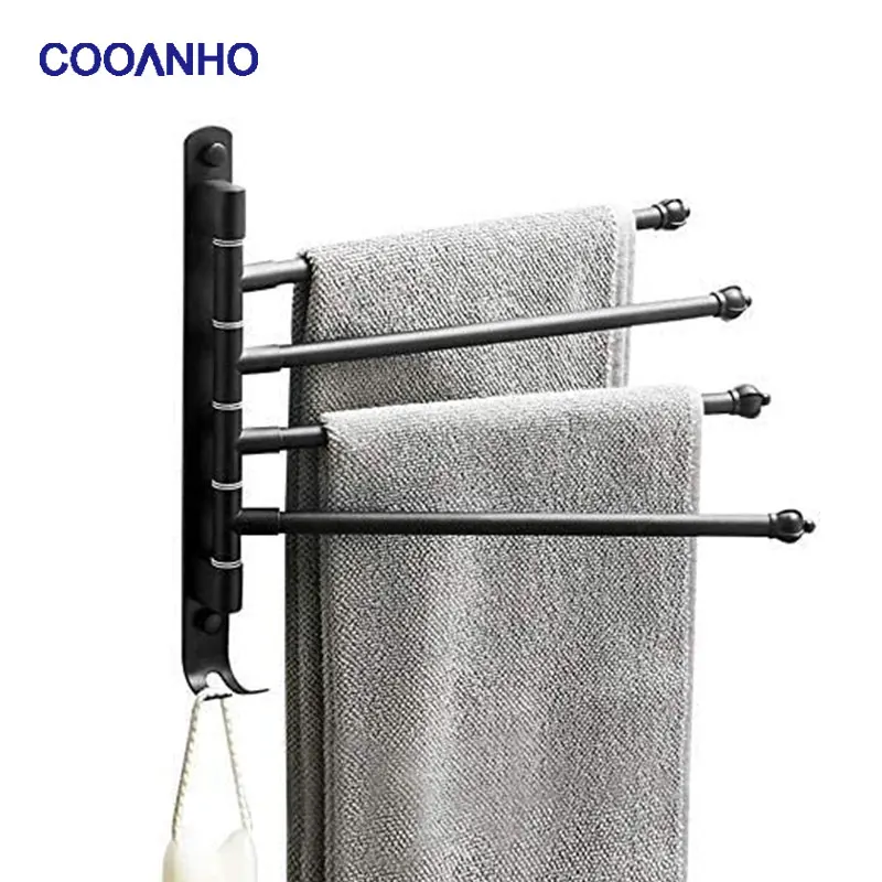 

COOANHO Bathroom Towel Rack, Rotating Towel Rack, 4 Arm Wall-Mounted Towel Bar Suitable for Bathroom Matte Black