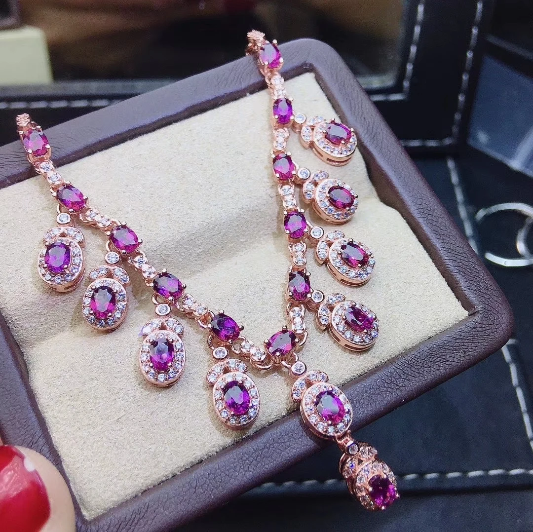 

MDINA Luxurious fringe strand Natural red garnet Pendant necklace S925 silver gemstone necklace girl party gift fine jewelery