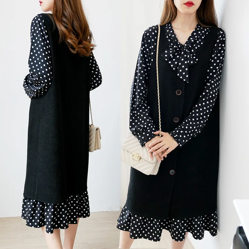 Женский костюм-двойка в горошек свободное шифоновое платье с длинным рукавом и