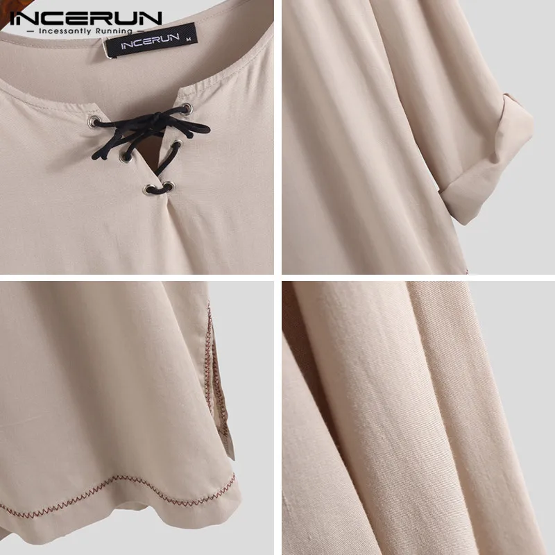 

INCERUN Men Vintage Solid Color Shirts Long Sleeve V Neck Loose Camisa Autumn Hombre Comfortable Lace Up Chemise Streetwear 5XL