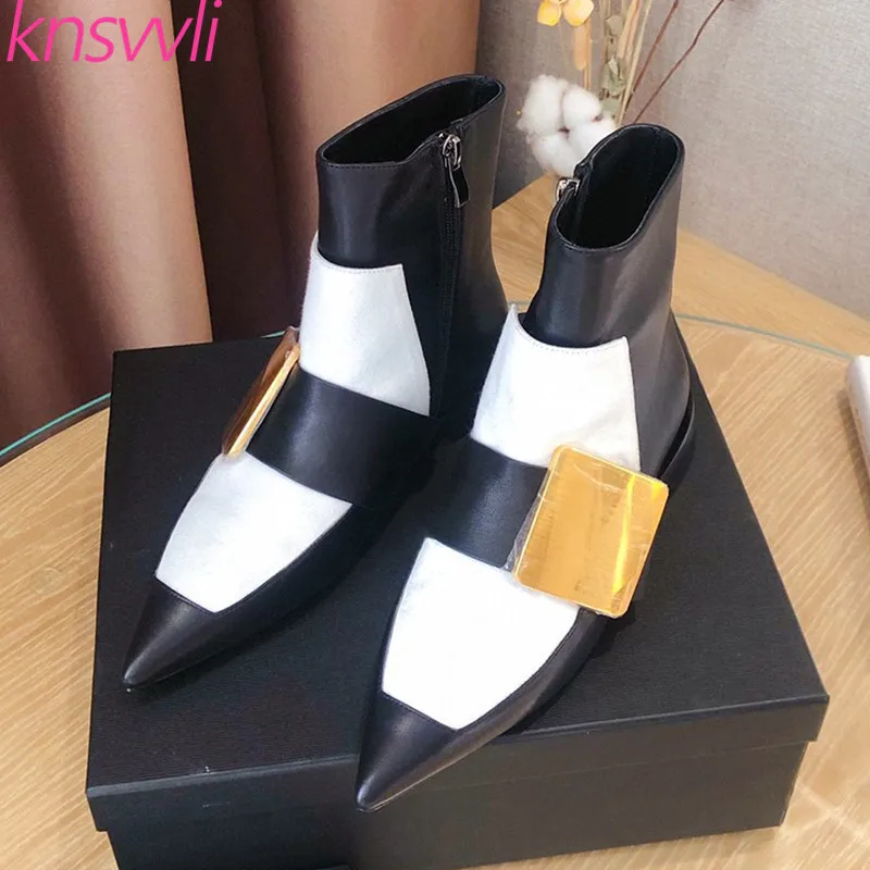 

New Short Boots Women Genuine Leather Runway Shoes Woman Pointed Toe Gold Buckle Ankle Boots Women Flats Femmes Bottes