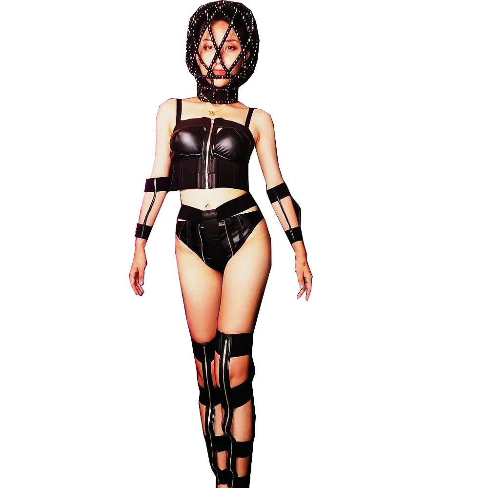 

Personality Pu Faux Leather Women Bikini Stage Outfits Bra Shorts Headwear 7 Pieces Sets Pole Dance Performance Show Wear