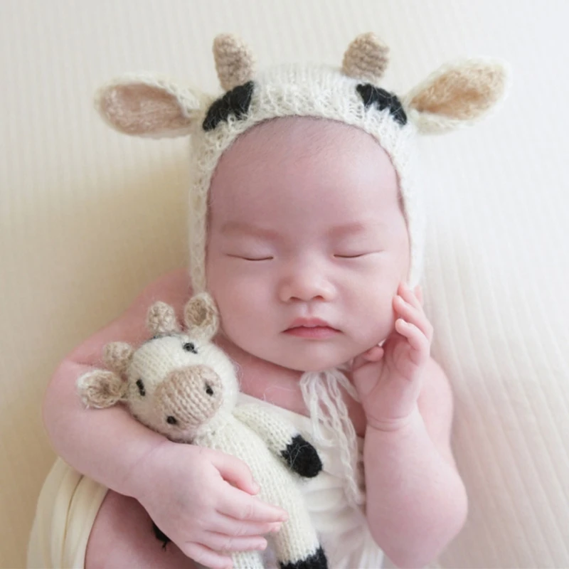 

2 Pieces Newborn Infant Knitted Beanie Hat with Stuffed Animal Koala Doll Toy Set Baby Bonnet Cap Photography Prop