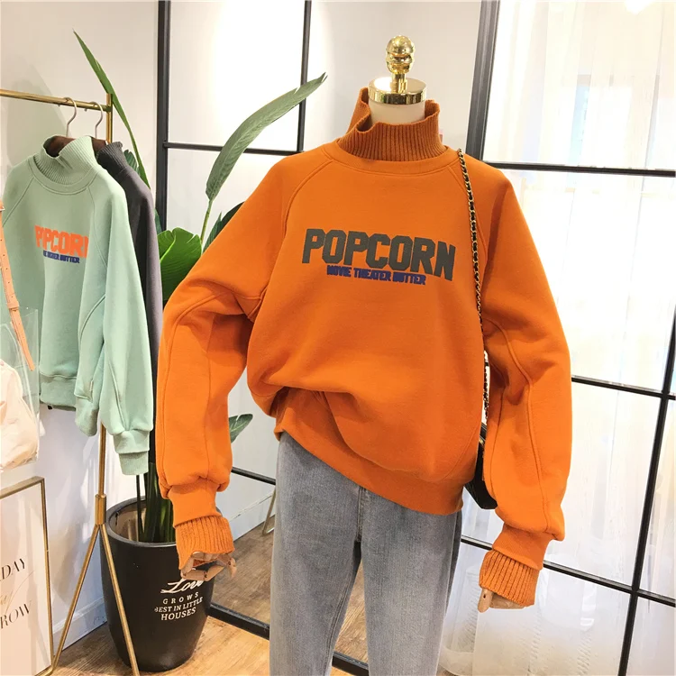 Korean Autumn New with Velvet Thick Hoodies Women High Collar Knit Spliced Loose Shirt Leisure Students Letter Sweatshirt Tops | Женская