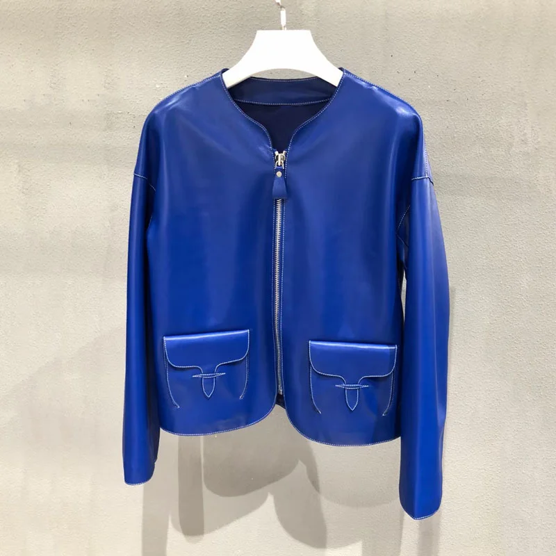 

SHZQ мягкое пальто из телячьей кожи, Женская Весенняя короткая длинная куртка из натуральной кожи, повседневная женская льняная подкладка