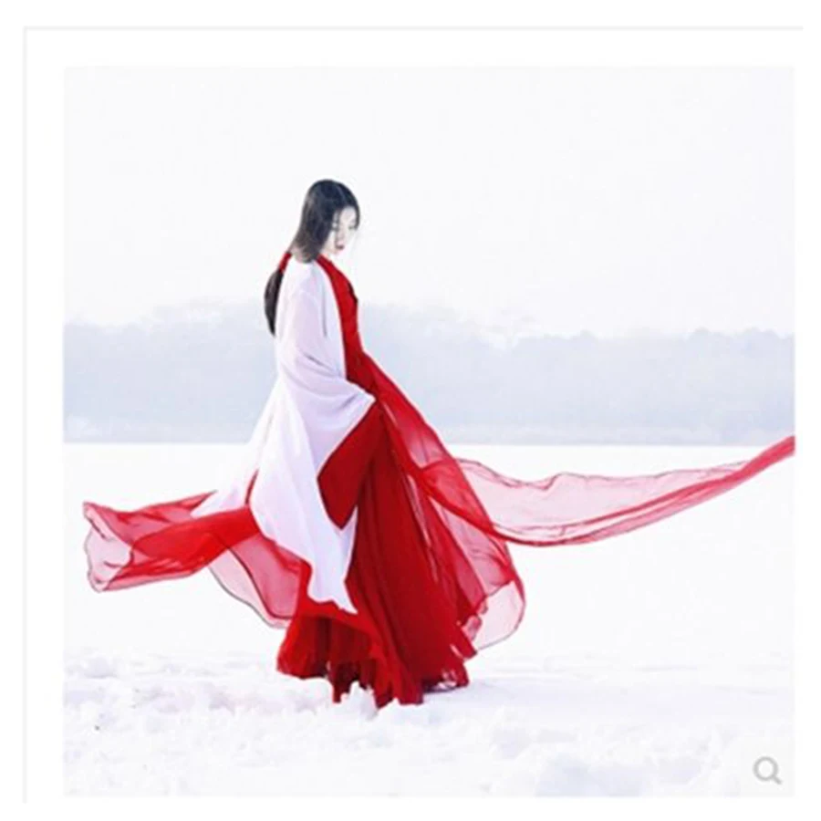 

China Hanfu Style Classical Dance Solid Color Red And White Costumes Antiquity Women's Clothing Elegant Temperament Big Sleeve