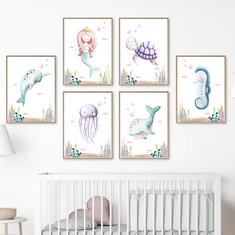 

Mermaid Jellyfish Dolphin Seahorse Marine Life Wall Art Canvas Painting Nordic Posters And Prints Wall Pictures Kids Room Decor