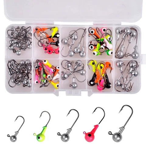 80 -stcs/doos lood jigkop vishaak set zachte worm aas bas jig vis hooks forel forel vissers rig carbed haak
