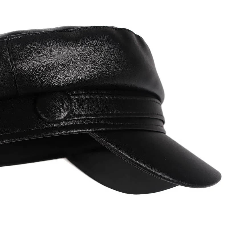 Осень 2020 военная шляпа женская модная кожаная плоская кепка черная Мода Casquette Femme