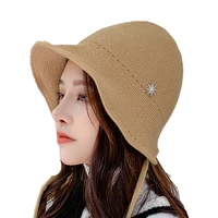 new korean womens solid pullover hat rhinestone wool fisherman hat outdoor autumn winter warm knitted wool tether basin hat