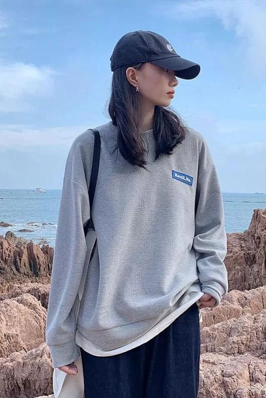 

CMAZ Suan Waffle Labeling Sweater Women's Long Sleeve Solid Color Autumn