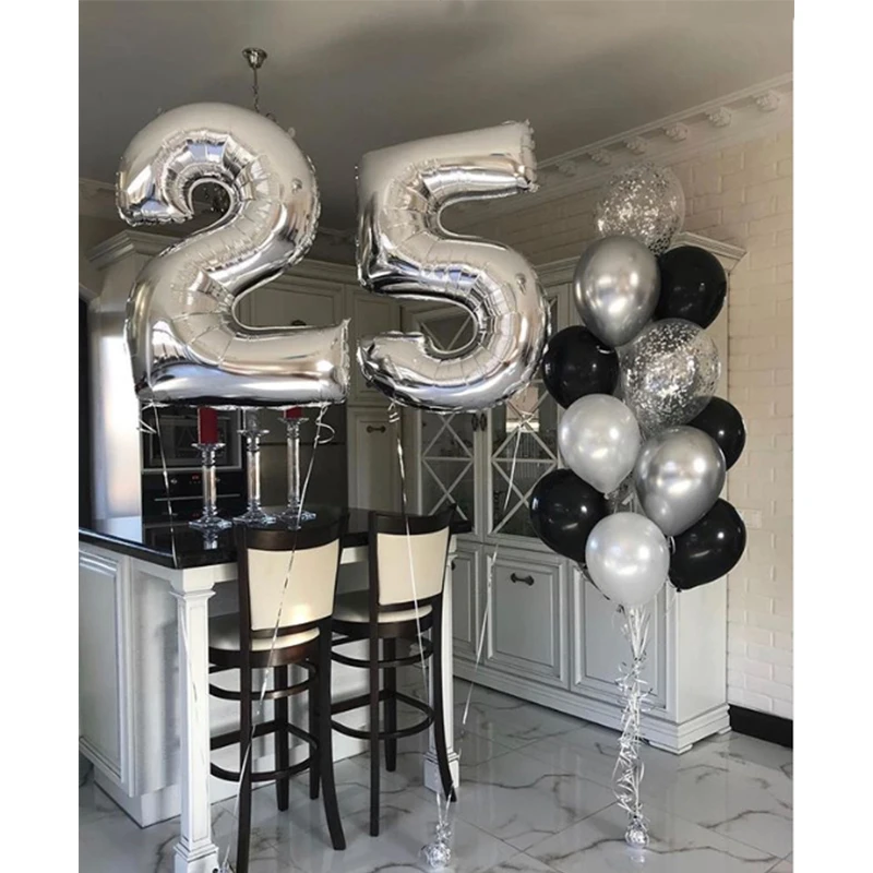 

14pcs black Silver Number Balloons boy girl 25th Birthday party celebrate Balloon Girl 25th Years Old Party Decorations supply