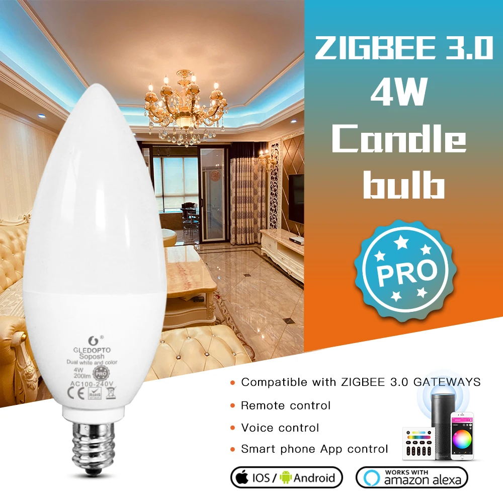 

GLEDOPTO ZigBee 3.0 Candle Light Bulb Pro 4W E12/E14 RGBCCT 2000K-6500K Work with Amazon Echo Plus APP/Voice/RF Remote Control