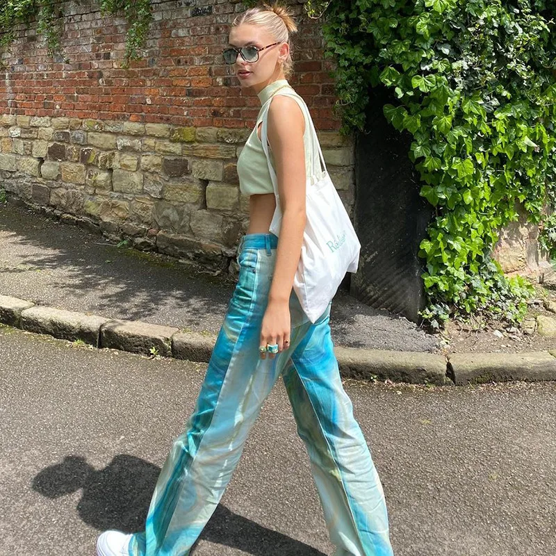 

Женские широкие джинсы с принтом тай-дай, зеленые свободные повседневные брюки с высокой талией в уличном стиле, винтажные штаны, Y2K, лето 2021