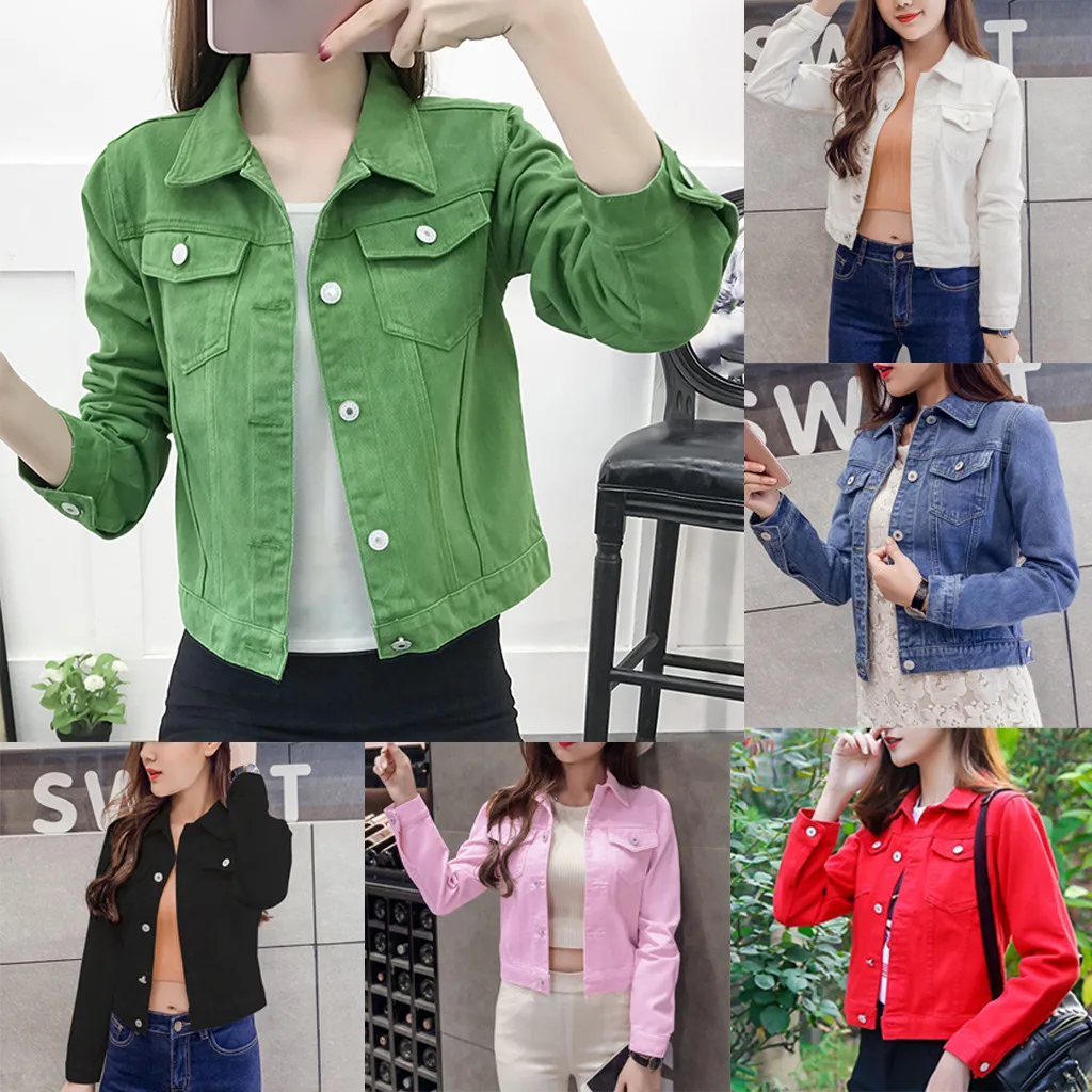 

2019 Autumn Jeans Jacket Coats Women Denim Candy Color Casual Short Jacket Fashion Lapel Denim Buttons Jacket Cardigan