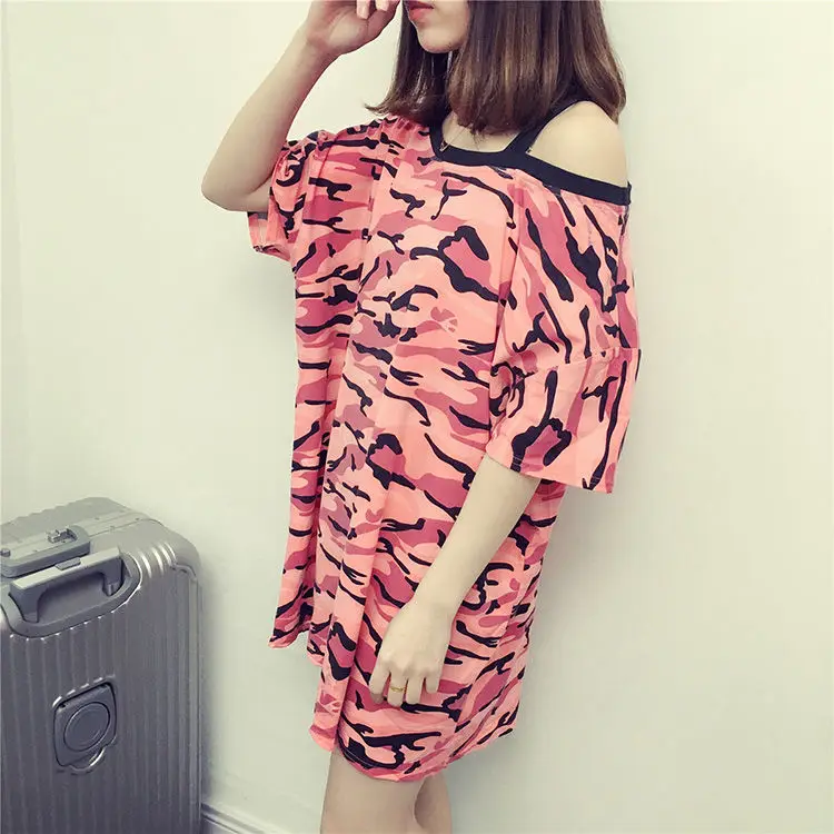 

Short Sleeve Women's 2020 New Summer Off Shoulder Suspender Stripe Mid Length Top Sexy One Shoulder Loose T-shirt Skirt