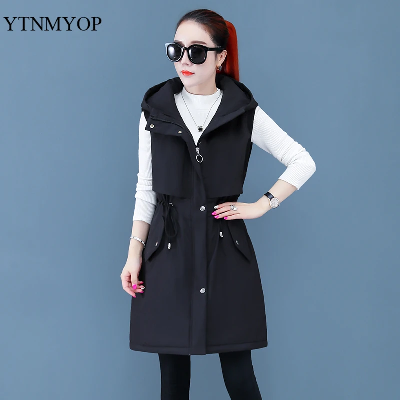 

YTNMYOP Autumn Winter Warm Vest Plus Size 4XL Long Waistcoat Slim Fashion Sleeveless Jacket Coat Drawstring Vests Parkas Hooded