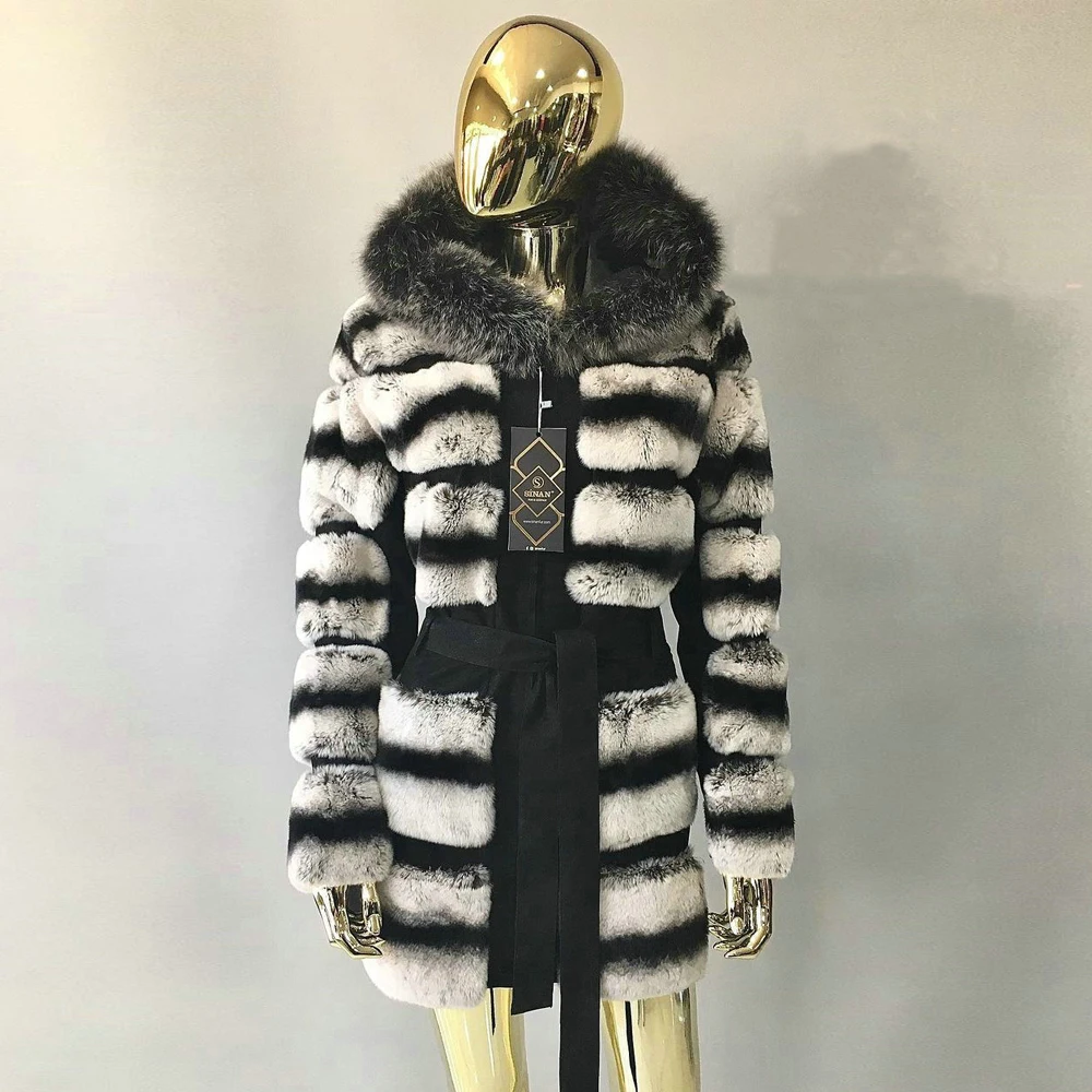 Women Natural Rex Rabbit Fur Jacket with Silver Fox Fur Hood Thick Warm Woman Winter Outwear 2022 New Trendy Rex Rabbit Fur Coat enlarge