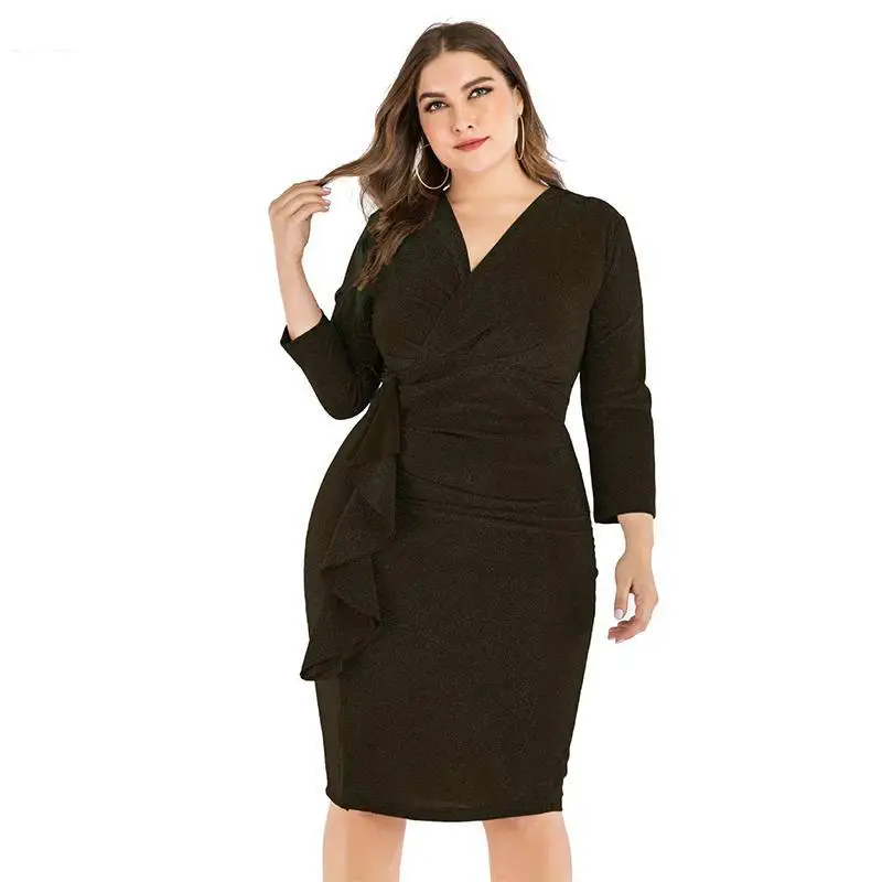 Платье женское длинное с V-образным вырезом и оборками большого размера | Женская