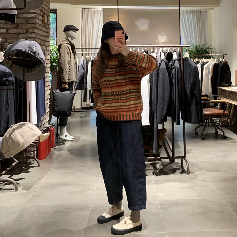 

Zoulv 2021 Spring Women's O-Neck Retro Long-Sleeved Sweater Student Tide Wear Knitted Top Korean Autumn Warm Striped Pullovers