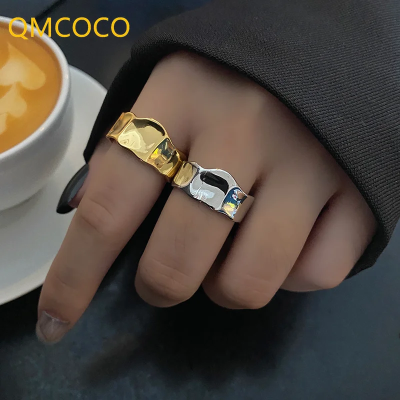 

QMCOCO 925 Серебряные Простые геометрические широкие кольца тромди Креативный дизайн гладкая поверхность несимметричные вечерние ювелирные и...